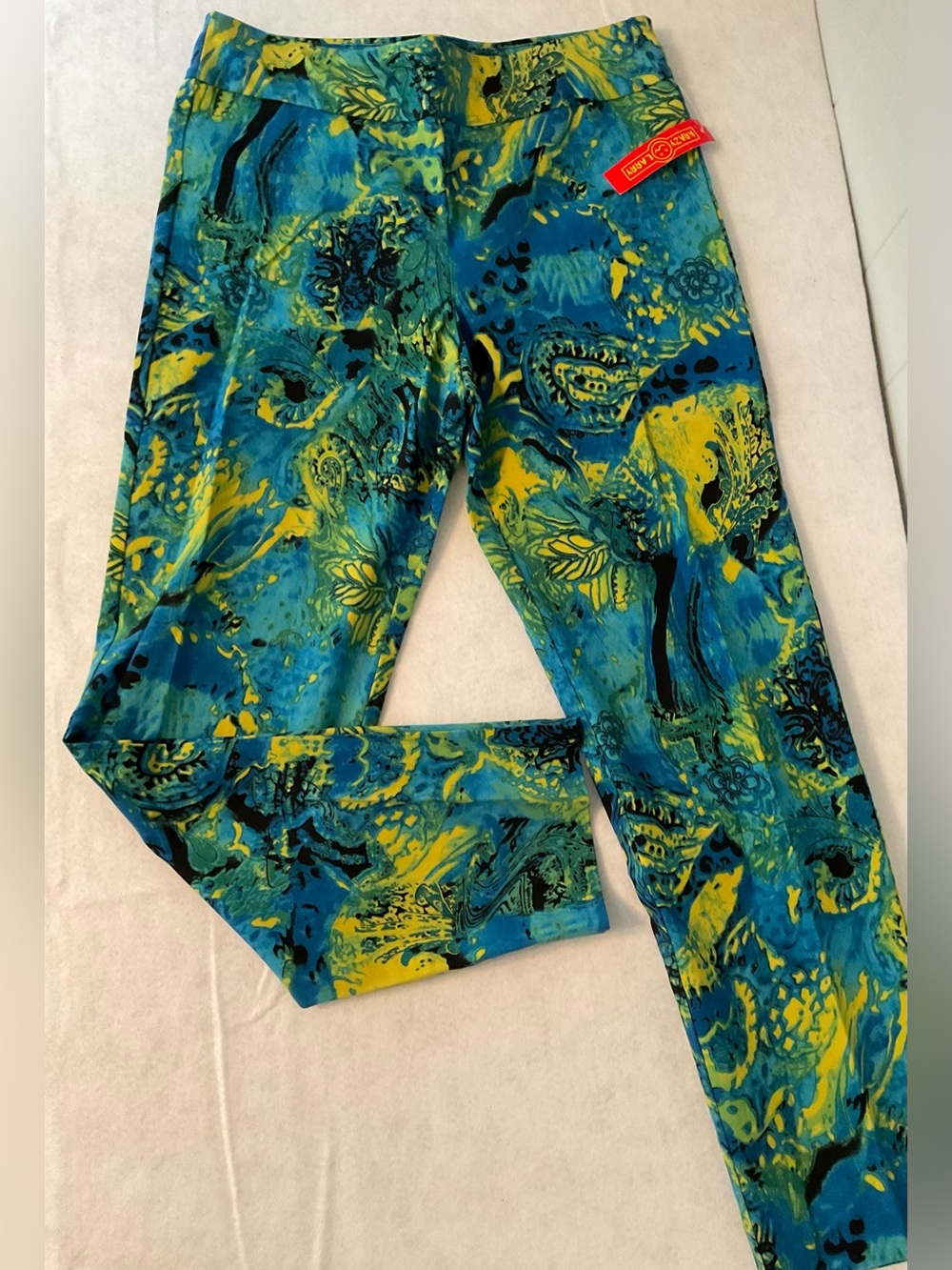 Krazy Larry Vibrant Blue Green & Yellow Printed Stretch Pants Made in USA